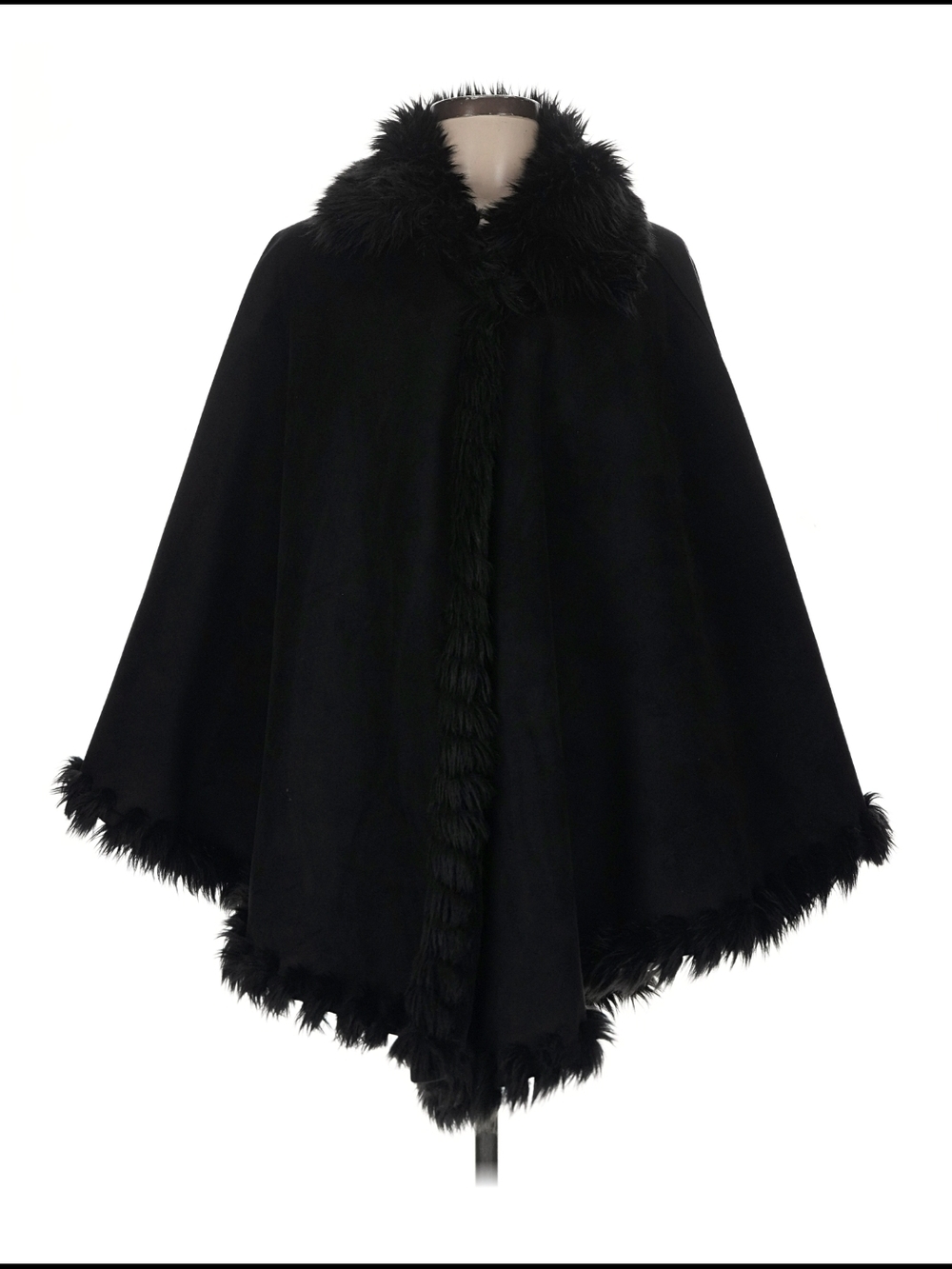 Jones New York Black Faux Fur-Trim Coat Poncho Cape ONE SIZE